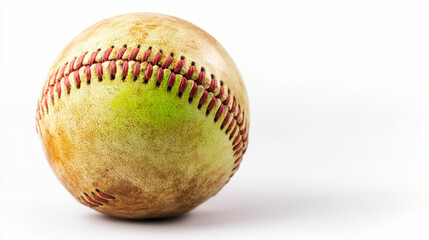 Vintage baseball with worn stitches on white background, highlighting sports nostalgia and classic athletic equipment for enthusiasts.