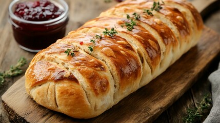 Baked bread, cranberry sauce, wooden board, rustic kitchen, Thanksgiving meal