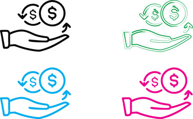 Line art, hands holding money symbols, dollar signs, currency icons, minimal design, flat illustration, multiple colors, green pink blue black, financial concept, income representation, receiving paym