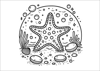 Coloring page with starfish and corals. Vector illustration.