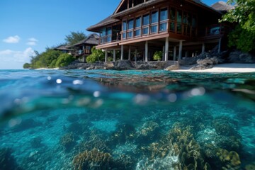 Obraz premium A serene coastal landscape showcases a magnificent luxury villa sitting by the crystal-clear ocean with coral reefs, embodying tranquility and a perfect escape in nature's embrace.
