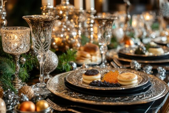 Festive holiday table featuring exquisite caviar delicacies and bli standard in an elegant setting celebrating togetherness and gourmet cuisine