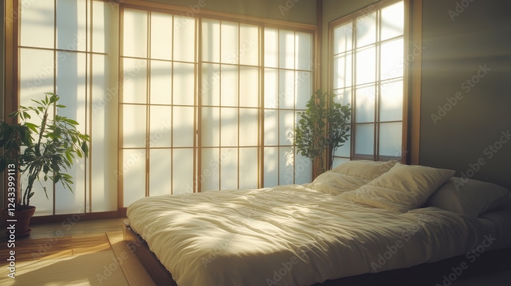 Poster minimalist bedroom design featuring a futon shoji and sunlight creating calming shadows
