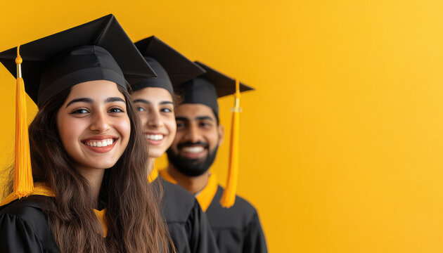Happy Indian students wearing black graduation caps and gowns, yellow tassels on them, collage background