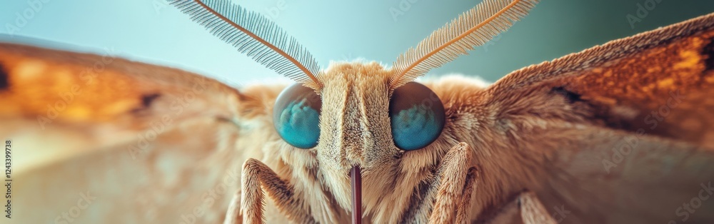 Aufkleber close-up view of a moth's face showcasing intricate details and vibrant colors in natural light