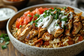 A bowl of chicken shawarma rice topped with fresh tomatoes, parsley, and white sauce