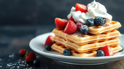 Stacked waffles smothered in fresh berries and whipped cream, satisfying, colorful