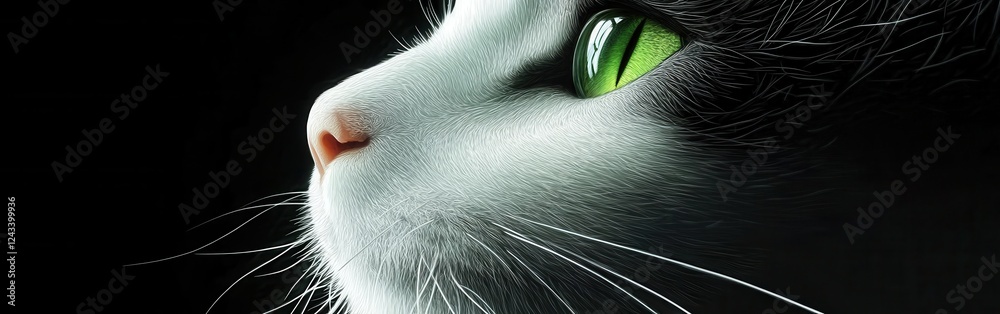 Poster close-up view of a cat's whiskers and nose highlighting intricate details and vibrant green eyes in 