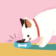Dog eats food from a bowl. Domestic pet. Cartoon cute puppy happily eating dog food. Vector flat illustration.
