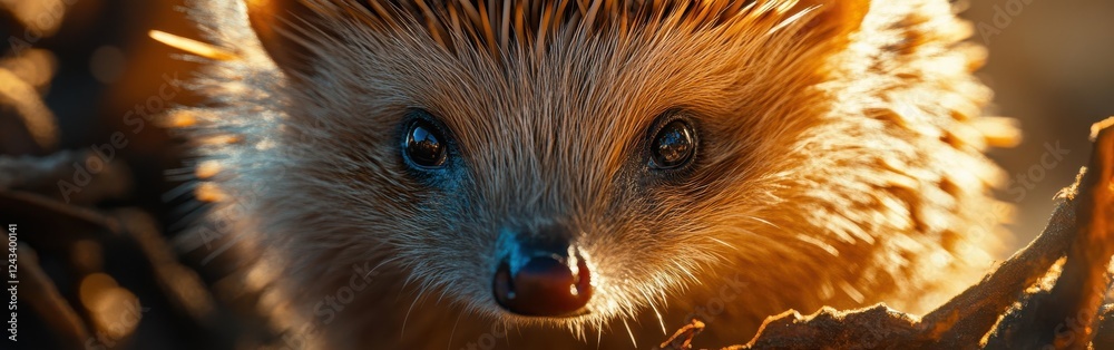 Poster close-up view of a hedgehog's face reveals intricate fur and curious eyes in natural setting during 