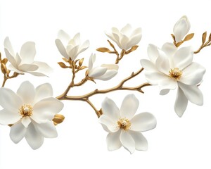 Studio Photography Of Handcrafted , Isolated White Magnolia Blossom On Gold Wire Shiny