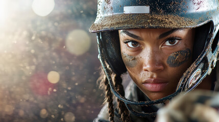 Intense female athlete in rugged gear focuses during an adrenaline-fueled game, embodying strength, determination, and competitive spirit.