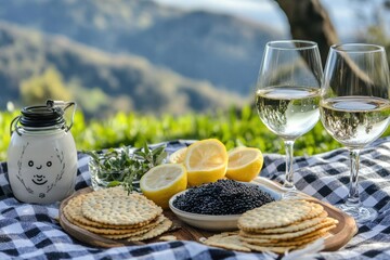 Outdoor picnic enjoying caviar delicacies scenic hillside food photography relaxing environment breathtaking viewpoint gourmet experience