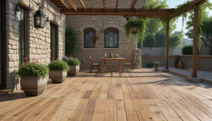 Obraz premium Stone patio with wooden deck and hanging planters, natural beauty, landscaping idea, planters