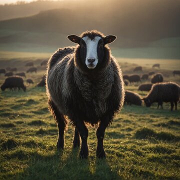 Zwartbles Sheep in a Morning Field. Sheep in the field. 