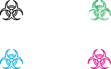 Biohazard symbols, minimalist design, four colors, black blue green pink, white background, clean lines, symmetrical layout, warning signs, scientific illustration, vector graphics, medical iconograph