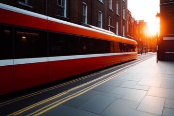Obraz premium Urban tram travels through city street at sunset illuminating buildings and pavement