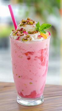 Royal Falooda, is a layered dessert with vermicelli, sweet basil seeds, rose syrup, and ice cream.