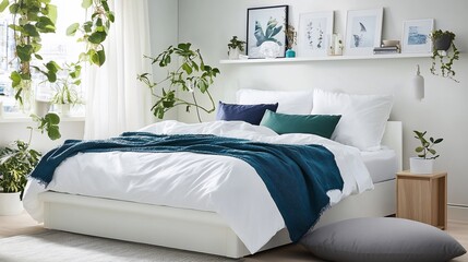 Serene Bedroom Haven: White Bed, Teal Throw, Lush Greenery