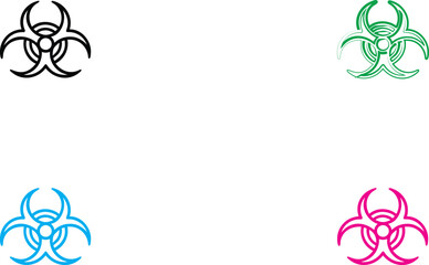 Biohazard symbols, minimalist design, four colors, black blue green pink, white background, clean lines, symmetrical layout, warning signs, scientific illustration, vector graphics, medical iconograph