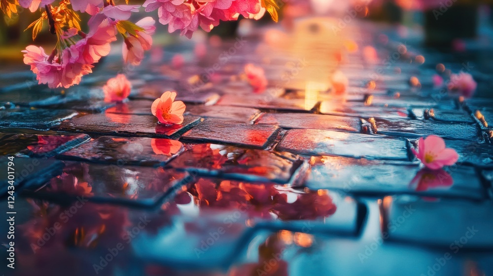 Aufkleber wet cobblestones glisten under soft light, surrounded by fallen cherry blossoms in a tranquil evenin