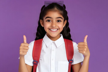 happy school girl holding backpack and showing thumps up