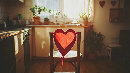 A stylish Valentine's apron tied to a wooden stool in a softly lit, cozy kitchen.
