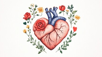 Heart design featuring anatomical details and floral elements in a colorful arrangement with roses and wildflowers