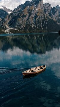 A lone wooden boat floated on calm waves, reflecting the tranquility of a serene mountain lake surrounded by towering peaks. The footage captures the peaceful solitude, evoking nature's quiet beauty.
