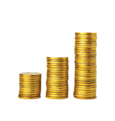3 stacks of gold coins arranged in ascending order from left to right. The stacks increase in height, symbolizing growth or progress.