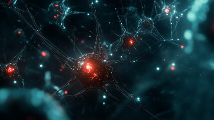 Obraz premium Futuristic AI Neural Network with Interconnected Glowing Nodes and Dynamic Digital Structures Featuring Bright Red and Blue Luminous Patterns in an Abstract High-Tech Brain Connectivity Background 