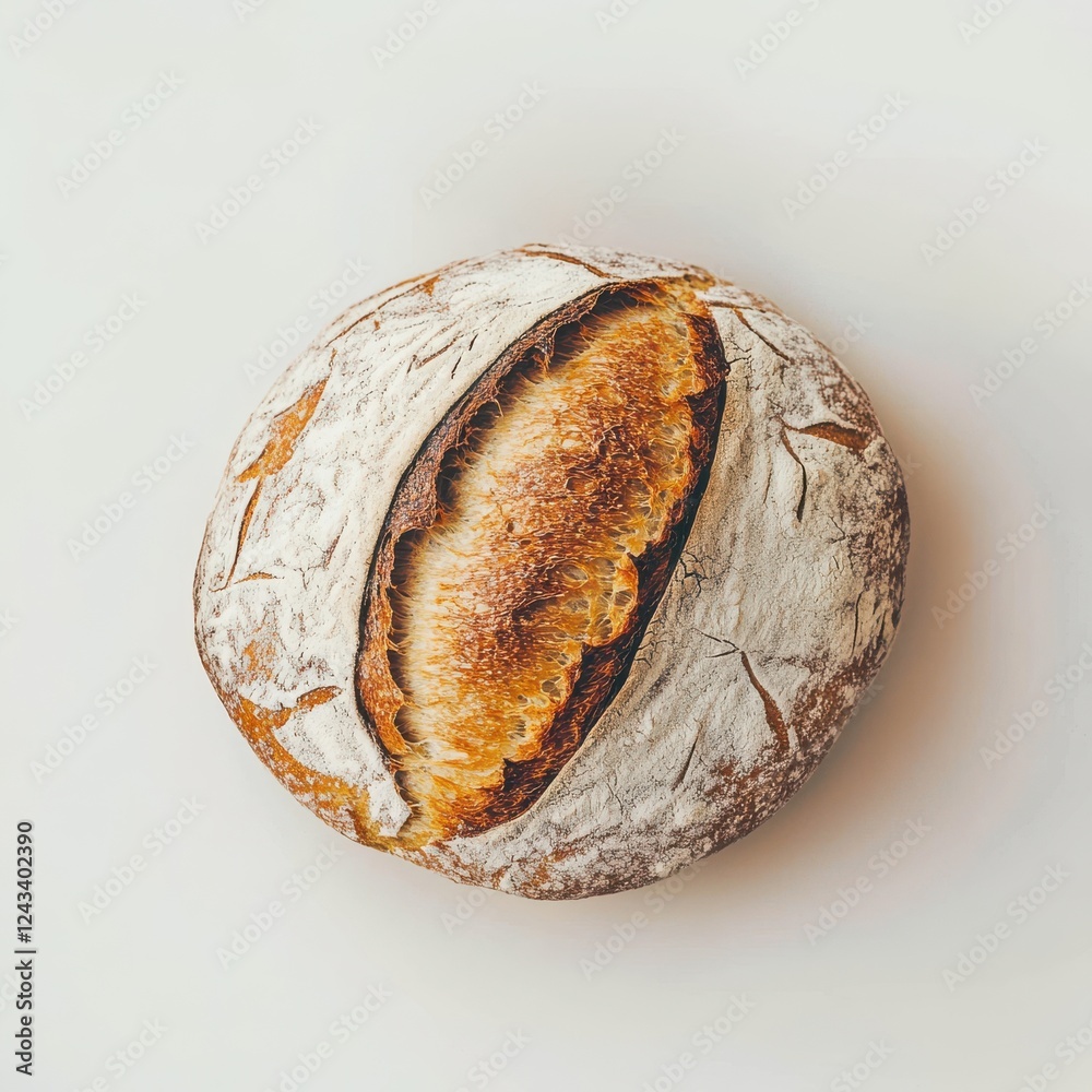 Poster freshly baked loaf of artisanal bread with a crispy crust on a simple background