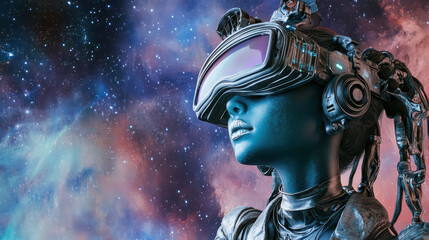 futuristic cyborg girl wearing augmented reality glasses gazes into cosmic background filled with stars and vibrant colors, evoking sense of wonder and exploration