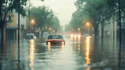 Intense urban flooding engulfs city streets, highlighting climate change impact and emergency preparedness. Protect communities from extreme weather.