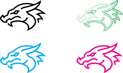 Stylized dragon heads, minimalist line art, bold outlines, geometric shapes, tribal tattoo style, vibrant colors, black white and neon, sleek modern logos, fierce expressions, mythical creature design