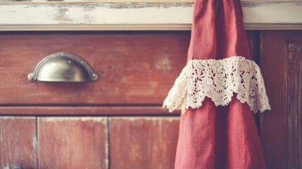 A warm-toned kitchen scene featuring a red apron with lace trim draped over a cabinet handle.