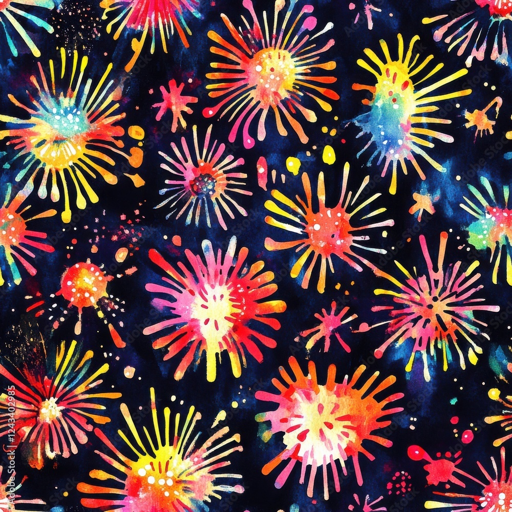 Poster Colorful watercolor doodle art with dynamic burst patterns on a dark background