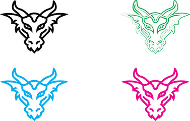 Stylized dragon heads, minimalist line art, bold outlines, geometric shapes, tribal tattoo style, vibrant colors, black white and neon, sleek modern logos, fierce expressions, mythical creature design