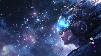futuristic cyborg girl with holographic interface gazes into starry space filled with vibrant galaxies and cosmic elements, evoking sense of wonder and exploration