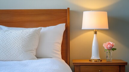 A warm, inviting nightstand with a white glass, a soft pink rose, and a vintage-style lamp.