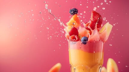 A colorful smoothie splash with bits of fruit suspended in air against a bright pink background.