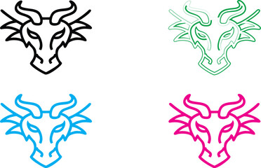 Stylized dragon heads, minimalist line art, bold outlines, geometric shapes, tribal tattoo style, vibrant colors, black white and neon, sleek modern logos, fierce expressions, mythical creature design