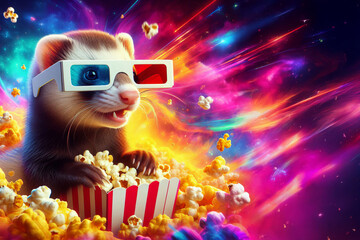  Ferret wearing 3D glasses eating popcorn. Colorful cosmic background with flying popcorn. Digital fantasy illustration. Movie night and cinema entertainment conceptб