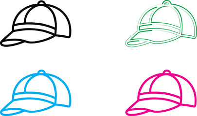 Baseball cap, simple line drawing, minimalist design, four color variations, black blue green pink, vector graphic style, sports accessory, curved brim, clean outlines, repeating pattern, geometric sh