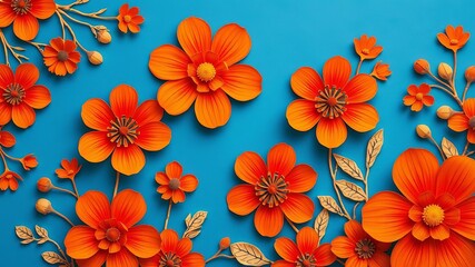 Colorful paper cut design of flowers and oranges on bright blue background, art, flowers, design