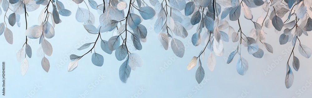 Poster delicate composition of hanging branches featuring soft leaf shapes against a tranquil blue backdrop