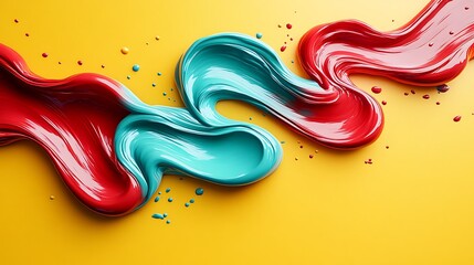 Swirling red, teal paint; yellow backdrop