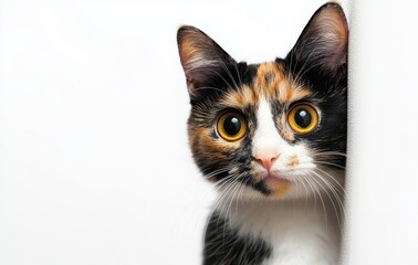 Obraz premium Adorable Calico Cat with Striking Yellow Eyes Posing Curiously by a White Wall in a Domestic Setting