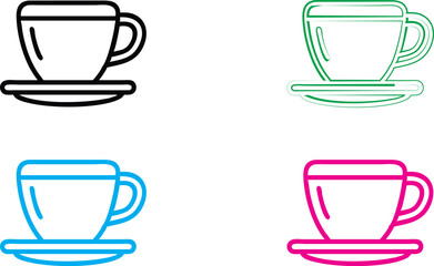 Simple line drawings, coffee cups, teacups, minimalist design, bold colors, black, green, blue, pink, outline style, clean geometric shapes, symmetrical composition, iconic representation, graphic des