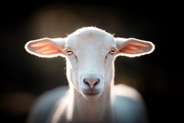 Fototapeta premium Close-up of a white sheep with warm backlighting in a rustic farm setting